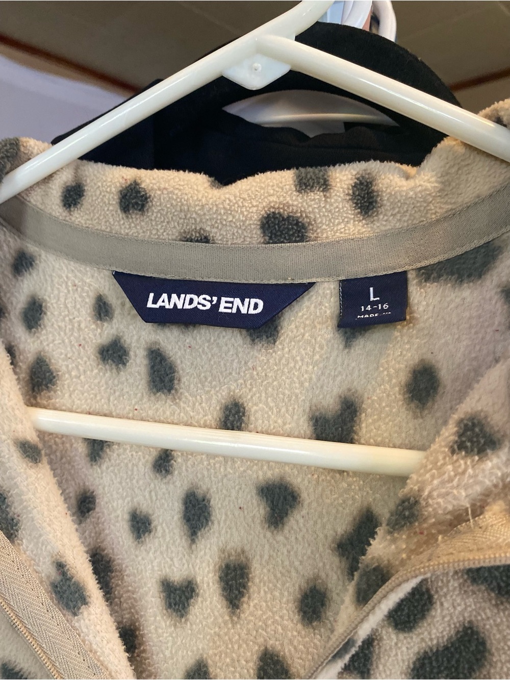 Lands' End Cream Fleece Quarter Zip Pullover with Gray Spot Animal Print - Picture 2 of 4
